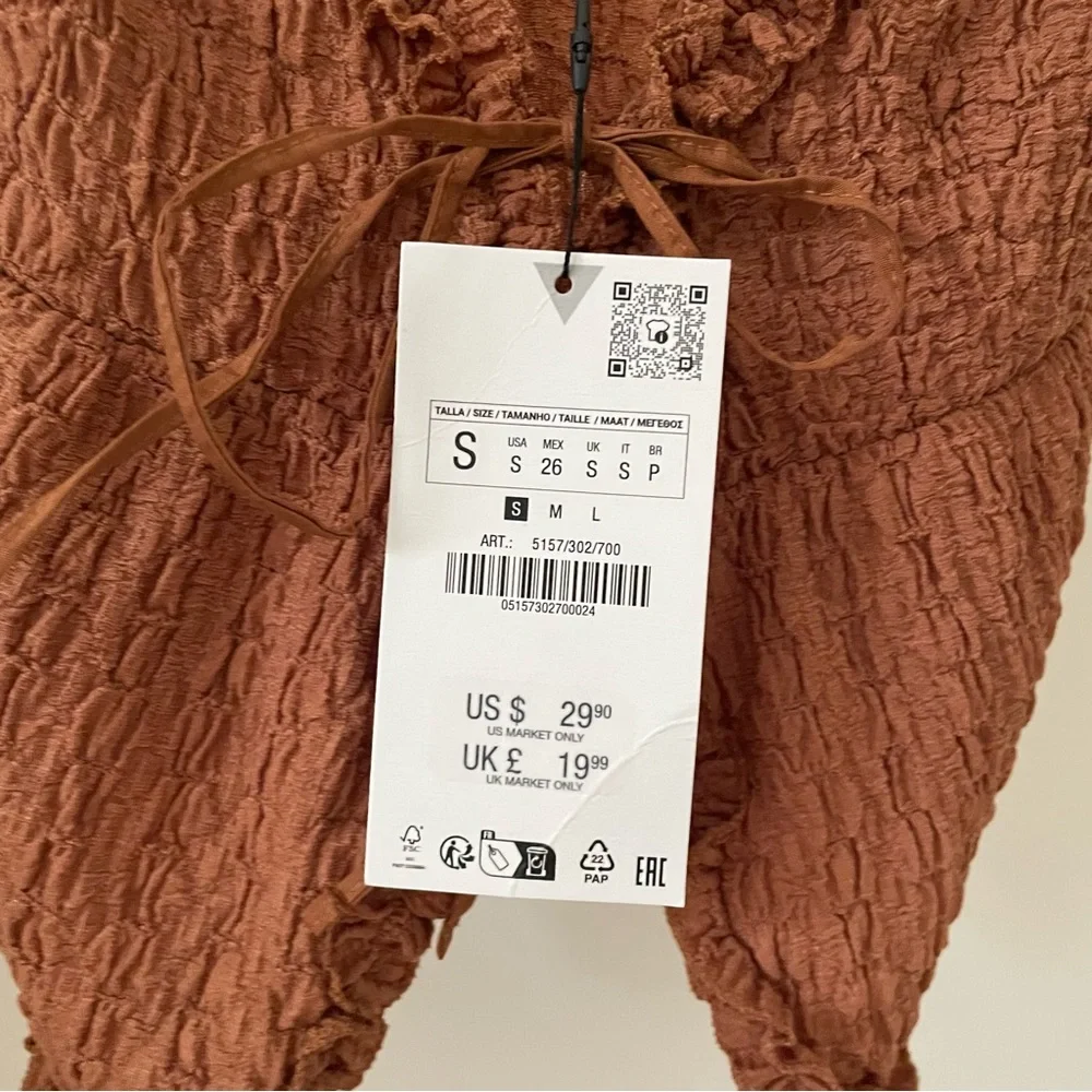 NWT Zara Ruffled Textured Tie Front Tank Top in Brown - M - Picture 8 of 8